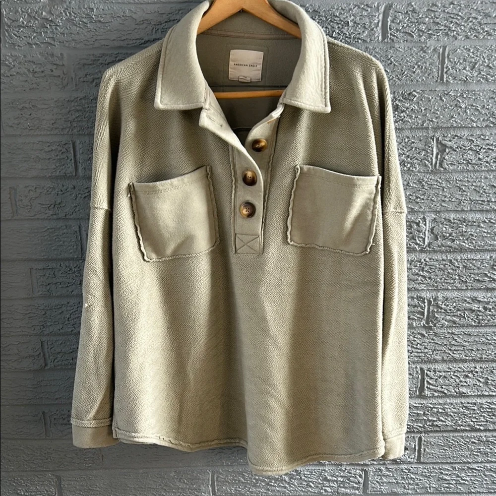 American Eagle Green Textured Pullover Sweatshirt - Picture 1 of 6